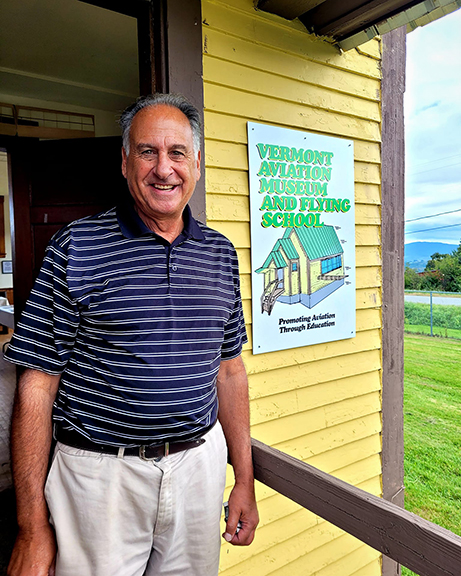 Vinny Matteis at the newly-restored schoolhouse now serving as the VT Aviation Museum and Flying School
