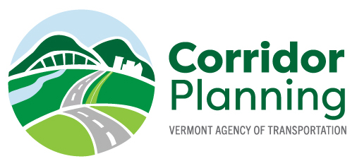 Corridor Planning Logo featuring a paved road, rolling hills, a bridge over a river, and a town off in the distance.