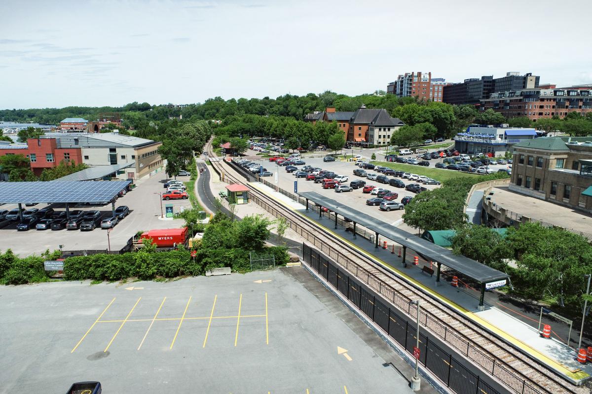 An aerial view of the new passenger rail platform at the Burlington Waterfront