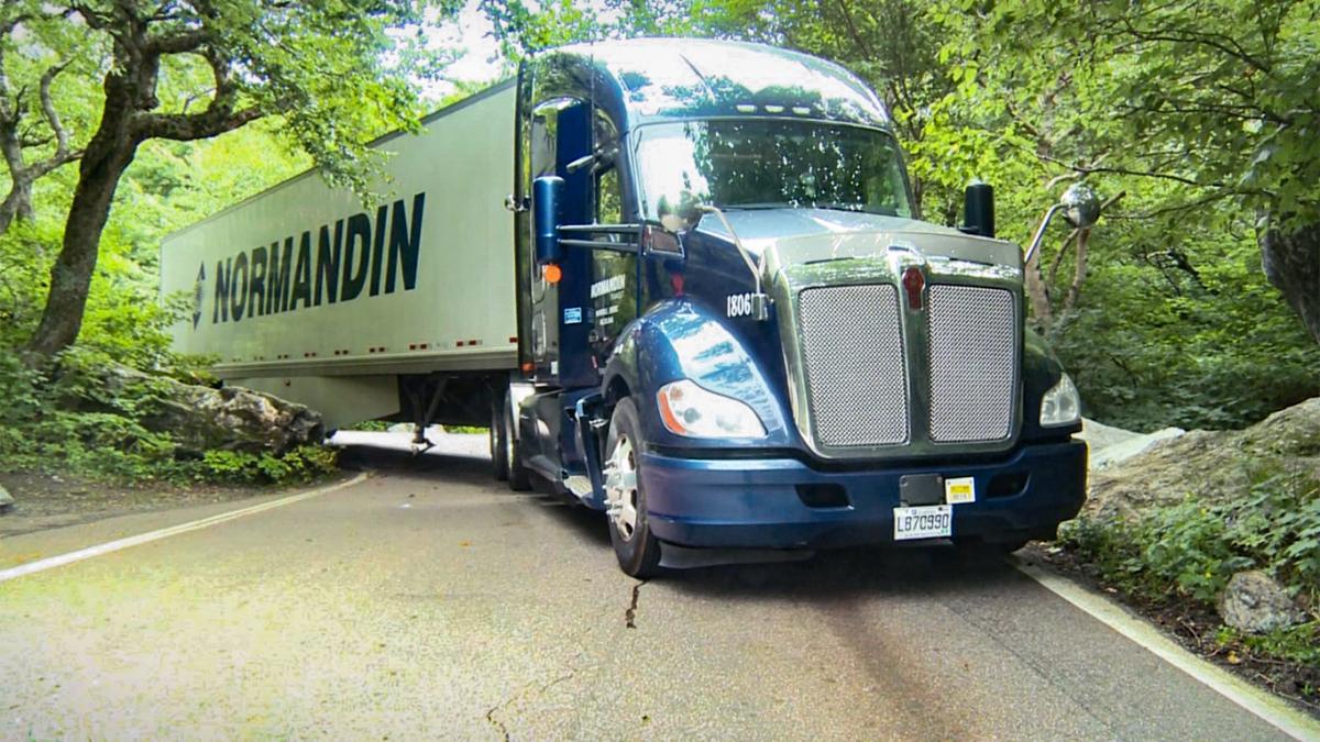 A truck stuck on the Notch Road. Photo courtesy of WCAX and Dave St. Pierre.