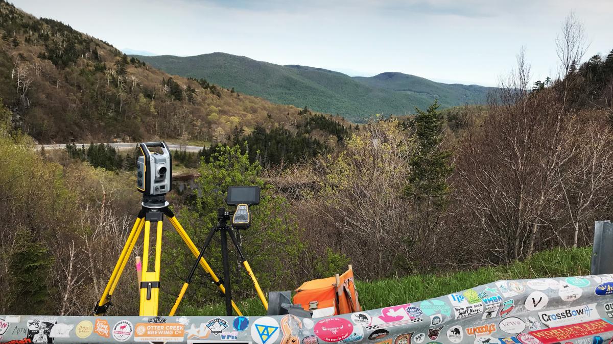An image of survey LiDar scanner on bridge number 23 on VT Route 17 in Buel's Gore