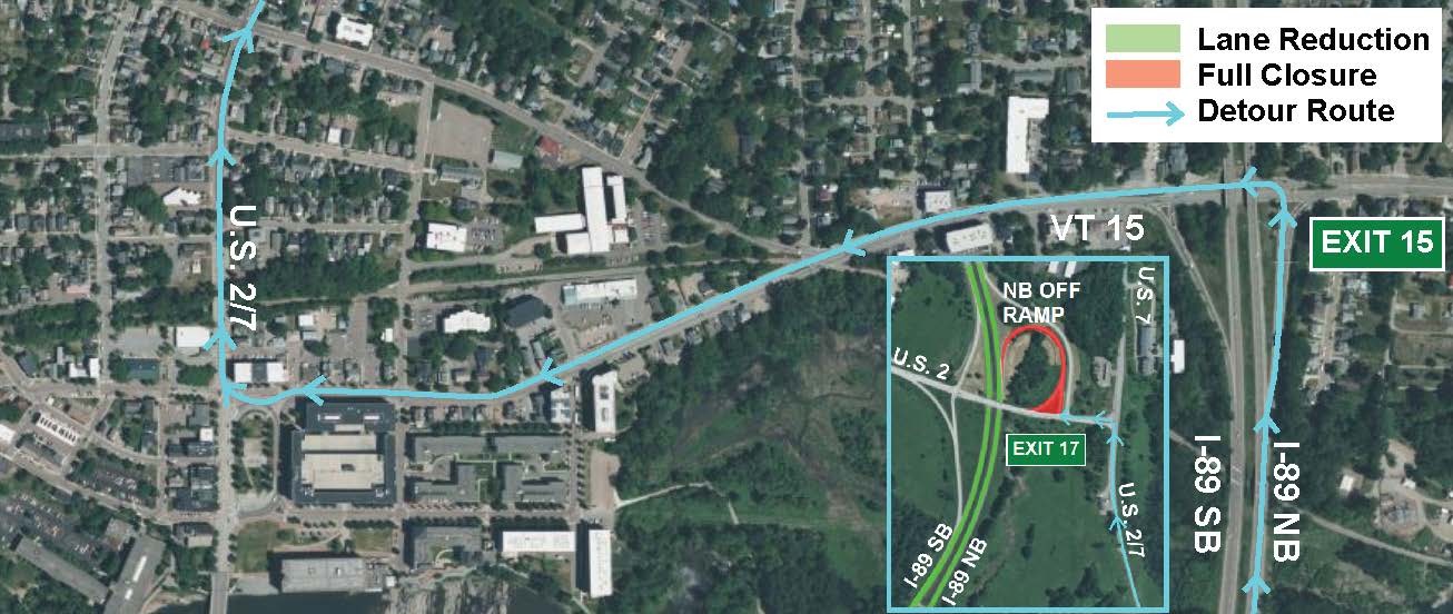 I-89 northbound traffic will be directed to exit the interstate at the Exit 15 interchange in Winooski, turn left onto Vermont 15 (VT 15), make the first right turn out of the circulator onto U.S. Route 2/7 (U.S. 2/7), and travel approximately 7.5 miles north to the Chimney Corner intersection of U.S. Route 7 (U.S. 2/7) and U.S. 2.