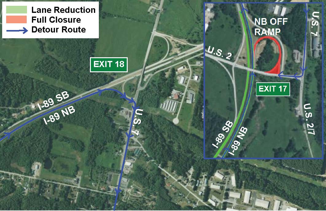 I-89 northbound traffic will be directed to exit the interstate at the Exit 18 interchange in Milton, turn right onto U.S. 7, and travel approximately 9.5 miles south to the Chimney Corner intersection.