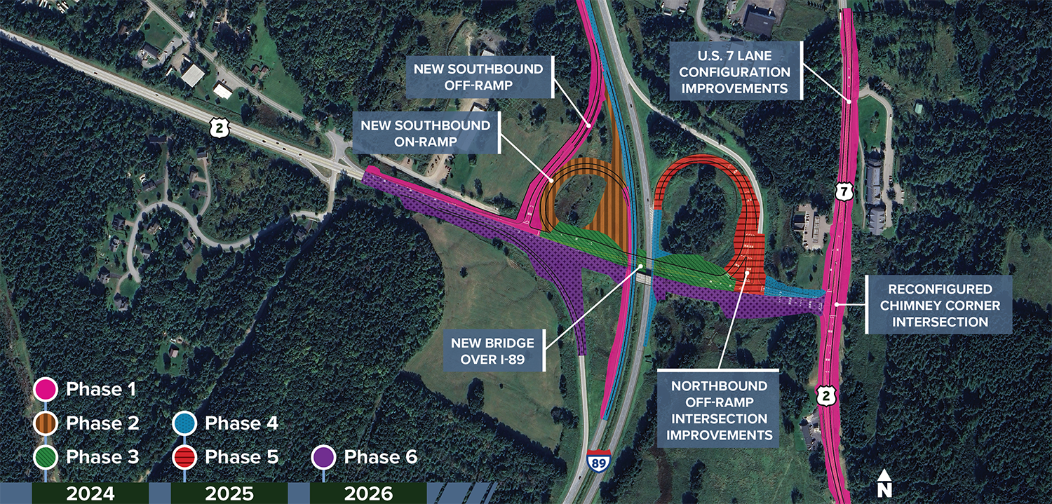 A graphic of the Colchester Exit 17 project area, with the six phases of construction between 2024 and 2026 highlighted and labeled. 