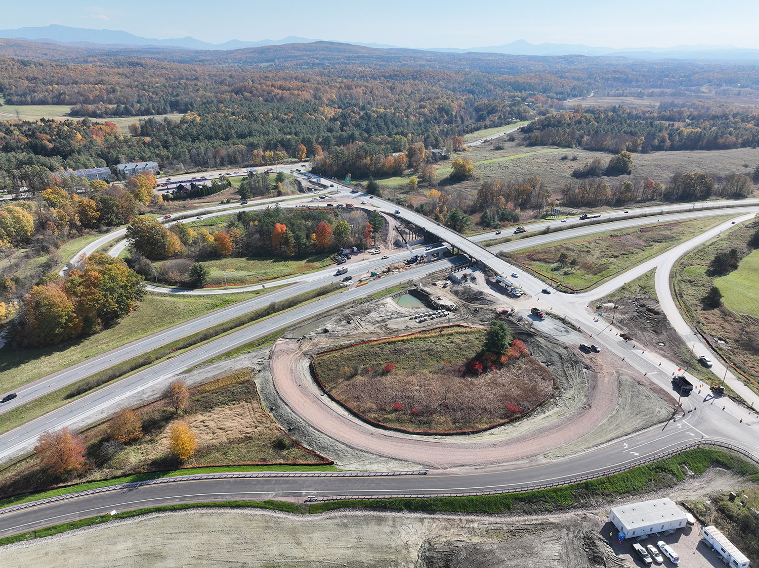 Crews work to construct the new I-89 southbound on-ramp for U.S. 2 westbound traffic, which will eliminate the left-turn conflict point for westbound vehicles and reduce queuing and backups on U.S. 2.