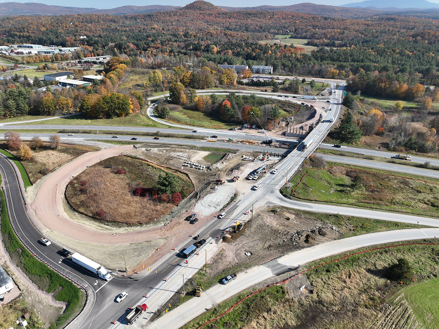 Crews work to construct the new I-89 southbound on-ramp for U.S. 2 westbound traffic, which will eliminate the left-turn conflict point for westbound vehicles and reduce queuing and backups on U.S. 2.