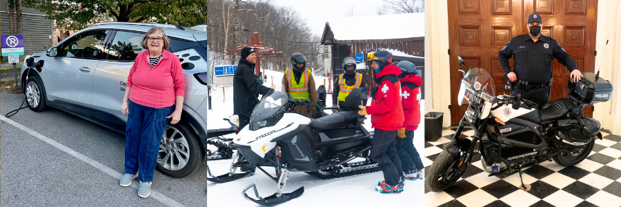Collage of three photos depicting a member of a car share service next to an electric car charging in a parking space, ski patrol receiving electric snowmobiles on a mountain slope, and an electric motorcycle being displayed by its operator.