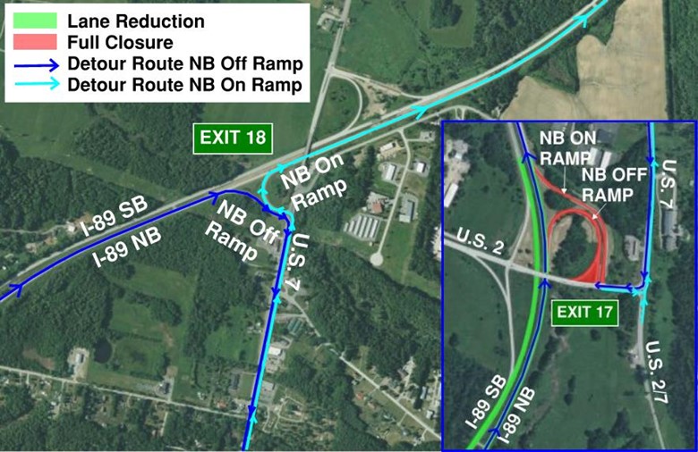 During the Interstate 89 Exit 17 northbound off and on ramp closures, traffic will be detoured via the signed route at Exit 18 in Milton.