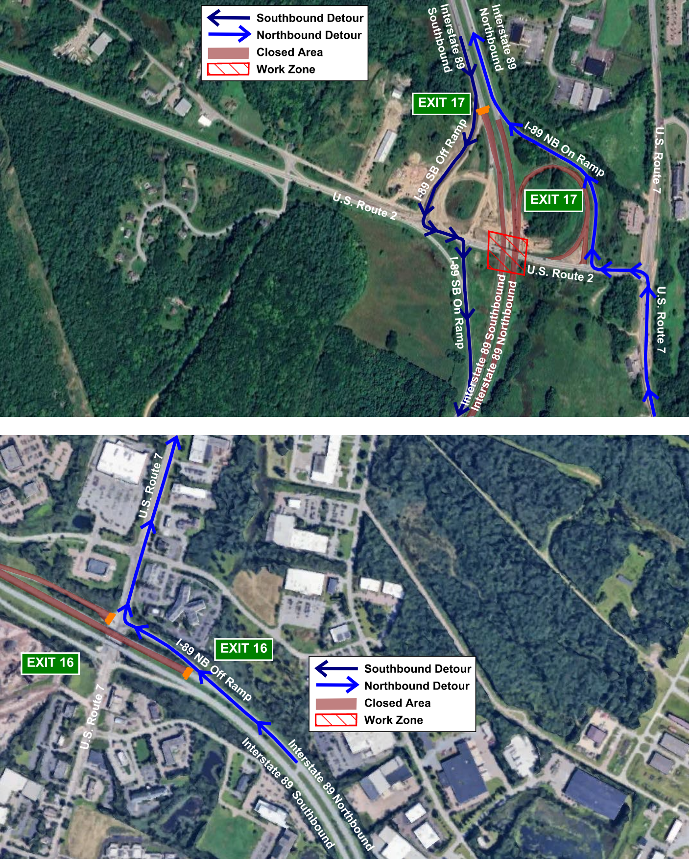 Northbound traffic on I-89 will be detoured to exit the interstate at Exit 16 in Colchester, travel approximately 6.3 miles on U.S. 2/U.S. 7 to the Exit 17 interchange, and re-enter I-89 using the northbound on-ramp at the Exit 17 interchange.