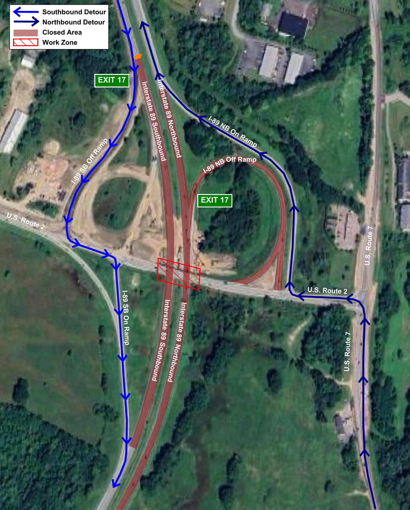 Southbound traffic on I-89 will be directed to exit the interstate at Exit 17, turn left onto U.S. 2., and immediately re-enter I-89 using the southbound on-ramp at the Exit 17 interchange.