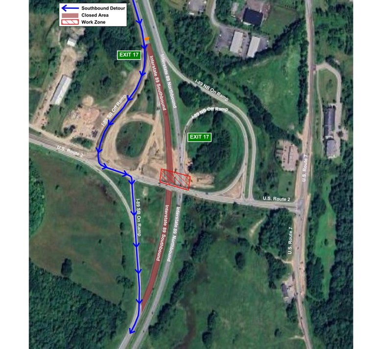 Southbound traffic on I-89 will be directed to exit the interstate at Exit 17, turn left onto U.S. 2., and immediately re-enter I-89 using the southbound on-ramp at the Exit 17 interchange.