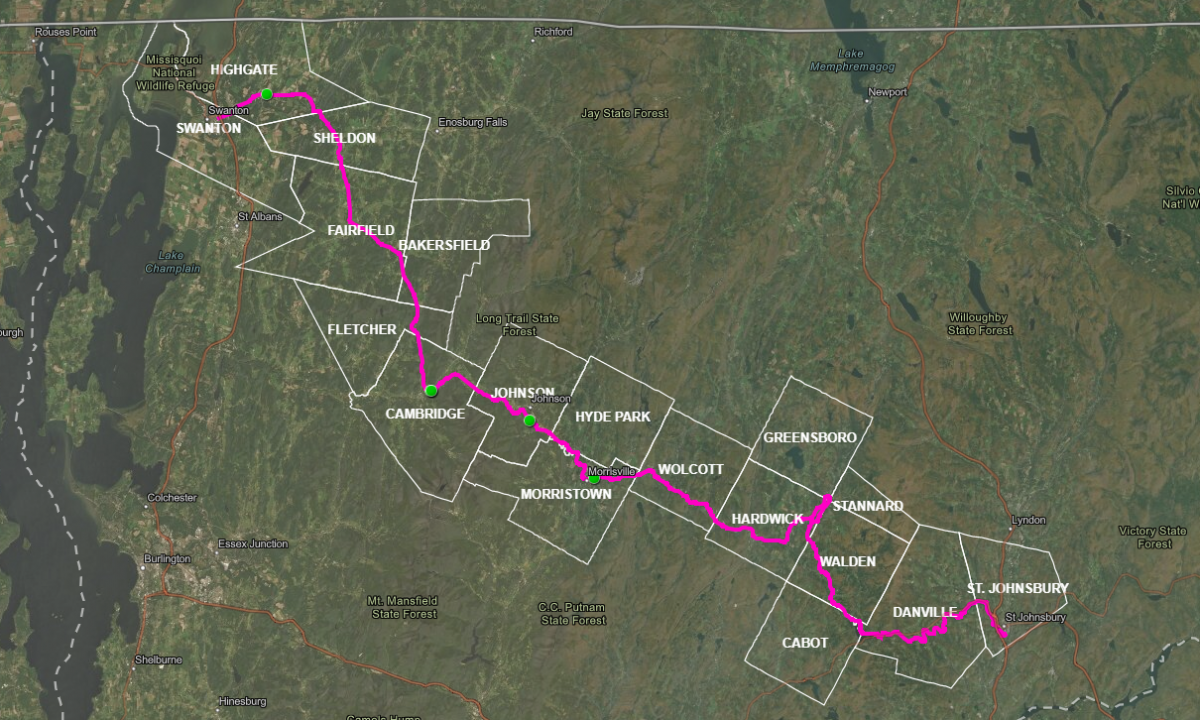 A map image of the Lamoille Valley Rail Trail stretching from Swanton east to St. Johnsbury