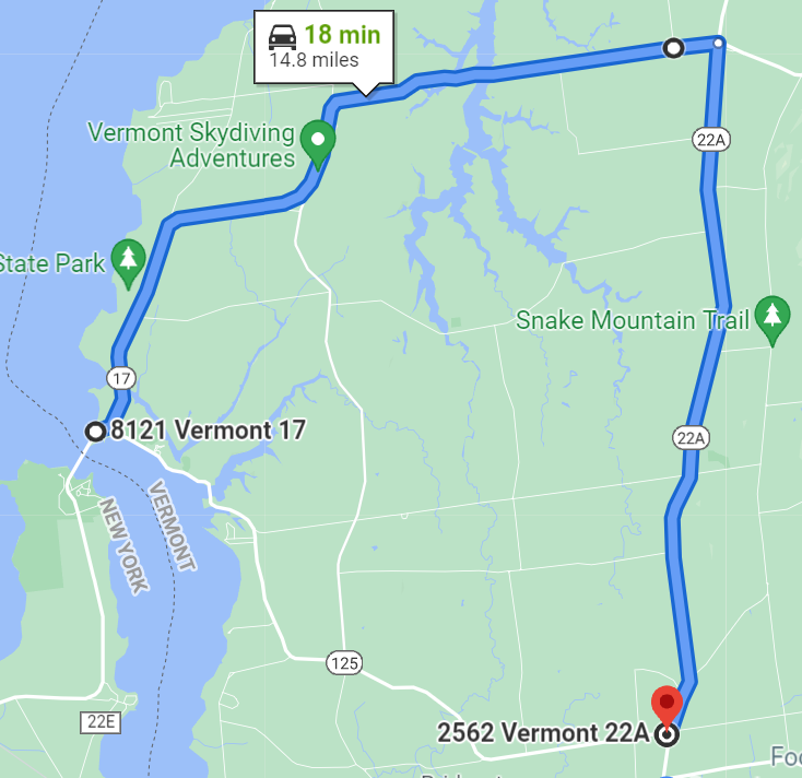 An image of the detour currently in place utilizing VT Route 17 and VT Route 22A