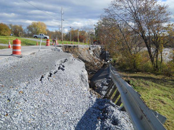 An image of the washed out roadway along VT Route 125 in Addison, VT.