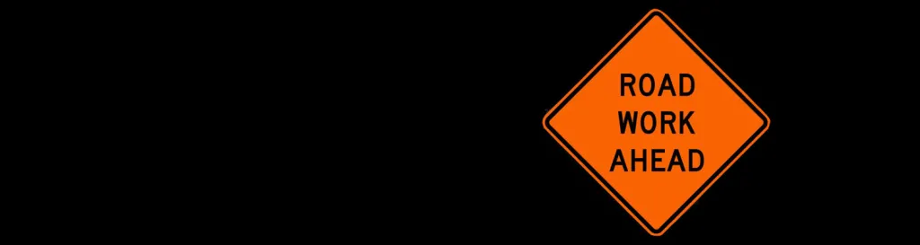 An orange, diamond-shaped sign that reads "Road Work Ahead"